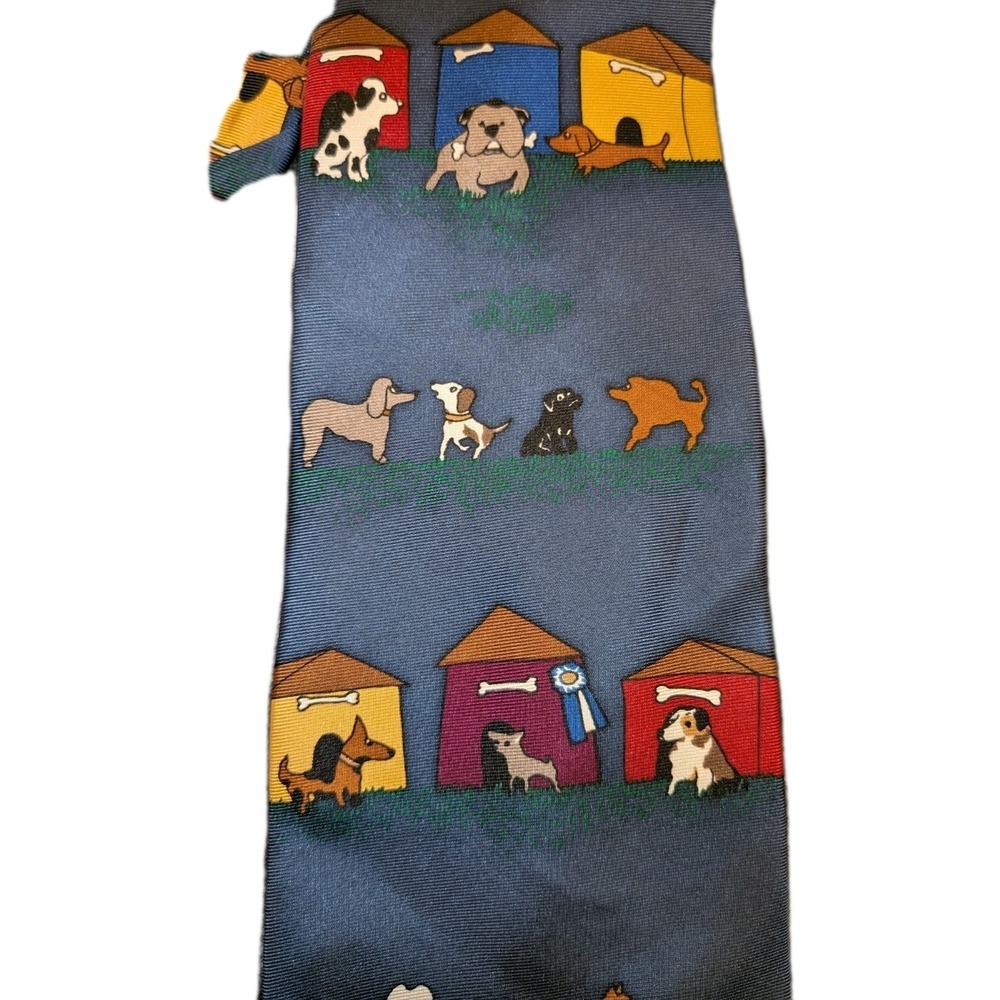 Blue Silk Tie Vtg Bulldog Sheep Poodle Frenchie Dog Labrador Dalmation Dachshund